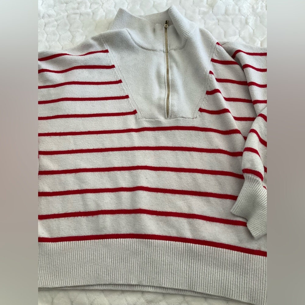 Draper James Casual Sweater White Red Stripes and Half-Zip Collar Quarter Zip